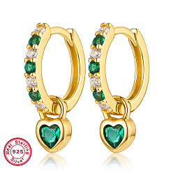 Зеленый Серьги-кольца из настоящего 18k позолоченного 925 стерлингового серебра, с печатью 925, сердце, зелёные, 14x4 мм