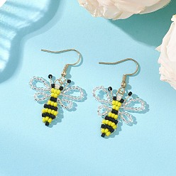 Желтый Серьги-подвески из стеклянного бисера с пчелами, 304 нержавеющей стали серьги крюков, золотые, желтые, 41.5x28 мм
