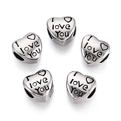Античное Серебро 304 бусины европейского стиля из нержавеющей стали с крупными отверстиями, сердце с словом я тебя люблю, античное серебро, 11x11~11.5x8~8.5 мм, отверстие : 4.5~5 мм