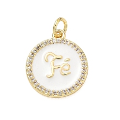 Blanco Latón micro pavimenta claro colgantes de circonio cúbico, con esmalte, Charms planos y redondos con la palabra fe, chapado en rack, larga duración plateado, sin plomo y cadmio, real 18 k chapado en oro, blanco, 18.5x15.5x2.5 mm, agujero: 3 mm