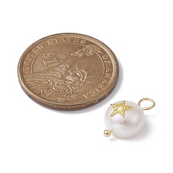 Star Natural Pearl Pendants, Potato Charms with Golden Plated Brass Slice, Star, 16~17x10~11x7~8mm, Hole: 3mm
