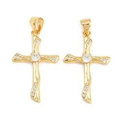 Real 18K Gold Plated Easter Brass Micro Pave Clear Cubic Zirconia Pendants, Wavy Cross Charms, Real 18K Gold Plated, 27x17x3.5mm, Hole: 4x3mm