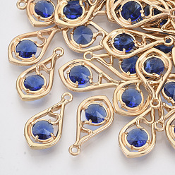 Королевский синий Граненые подвески стекла, с настройками открытой спины из экологически чистого сплава, без никеля , слеза, золотой свет, королевский синий, 21x11x3.5 мм, отверстие : 1.6 мм