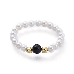 (946F)Морозный цвет внутри  Жонкиль / Непрозрачная зеленая подкладка Натуральные кольца с черным агатом, с круглыми жемчужными бусинами и латунными бусинами, золотые, размер США 7 1/4 (17.5 мм)