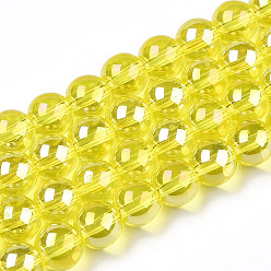 Yellow Electroplate Transparent Glass Beads Strands, AB Color Plated, Round, Yellow, 8~8.5mm, Hole: 1.5mm, about 51~53pcs/strand, 14.96 inch~15.55 inch(38~39.7cm)