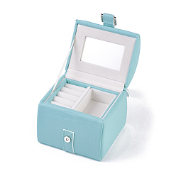 Medium Turquoise Wooden Jewelry Storage Box, with Paperboard, Plastic, Velvet and Sponge, Covered with PU Leather, Medium Turquoise, 12.3x12.3x15.2mm