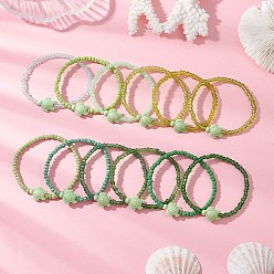 Синтетическая Бирюза 12шт. браслетов из окрашенного синтетического материала в виде черепахи, Эластичные браслеты из стеклянного бисера для женщин, Морская черепаха, внутренний диаметр: 2.09 ~2.17 дюйм (5.3~5.5 см)