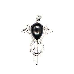 Obsidian Natural Obsidian Teardrop Pendants, Platinum Tone Brass Key Scepter Wing Charms, 45x35x9mm