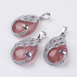 Стеклянный Камень Арбуза Арбуз камень стеклянные подвески, с латунной найти, слезинка с павлина, платина, 33x20x10.5 мм, отверстие : 5x6.5 мм