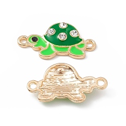 Green Alloy Connector Charms, with Crystal Rhinestone and Enamel, Tortoise Links, Light Gold, Green, 12x23x3mm, Hole: 1.5mm