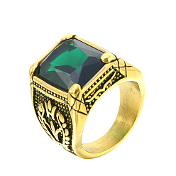 Темно-Зеленый 316Мужские винтажные резные кольца из нержавеющей стали с кубическим цирконием, квадратный, готические кольца, античное золото , темно-зеленый, размер США 12 (21.4 мм)
