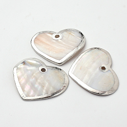 Seashell Color Plated Freshwater Shell Big Pendants, Heart, Seashell Color, 50x62x2~4mm, Hole: 4mm
