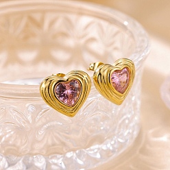 Pink 304 Серьги-гвоздики из нержавеющей стали с инкрустацией кубическим цирконием, сердце, золотые, розовые, 14.5x16.5 мм