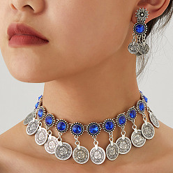 Капри Синий Комплекты из ожерелий с кисточками и серег-гвоздиков из сплава со стразами и круглыми монетами, античное серебро, Капри синий, 470 мм
