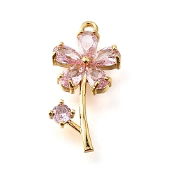 Розовый Латунные микропаве прозрачные подвески с фианитом, , туманная роза, 21.5x11x3 мм, отверстие : 1.2 мм