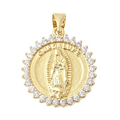 Human Латунные микропаве прозрачные подвески с фианитом, без кадмия и без свинца, долговечный, стойки покрытие, реальный 18 k позолоченный, Дева Мария, 22.5x20x3 мм, отверстие : 5x3.5 мм