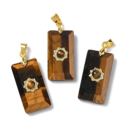 Тигровый глаз Природных тигровый глаз подвески, прямоугольник амулеты, с реечной накладкой из латуни с золотистым напылением, 25x13x7 мм, отверстие : 5x3.5 мм