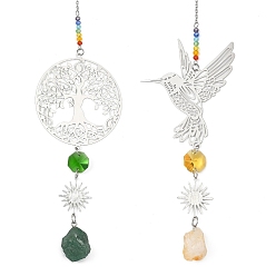 Mixed Shapes 201 Ловец солнца в виде птицы/древа жизни из нержавеющей стали, Декоративное украшение для окна: радужные стеклянные бусины в виде чакр, натуральный цитрин и зеленый авантюрин., разнообразные, 270~285x60x13 мм, о 2 шт / комплект