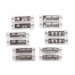 Antique Silver Tibetan Style Alloy Rectangle Word Links connectors, Hope, Blessing, Love, Believe, Freedom and Fearless, Lead Free, Antique Silver, 35x9~10x2~2.5mm, Hole: 2.5~3mm