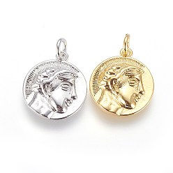 (52) Непрозрачная лаванда Латунные подвески, плоские круглые с человека, разноцветные, 17x15x3 мм, отверстие : 3 мм