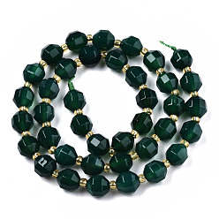 Dark Green Natural Agate Beads Strands, Faceted, with Seed Beads, Dyed, Round, Dark Green, 8x7.5mm, Hole: 1.2mm, Beads: 3.5x2mm, about 34pcs/strand, 15.35 inch(39cm)
