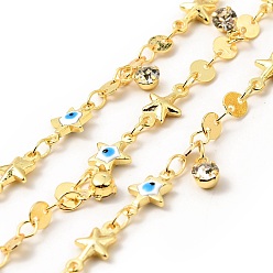 White Enamel Star with Evil Eye & Brass Flat Round Link Chains, with Clear Glass Charms, Soldered, with Spools, Real 18K Gold Plated, White, 11x6x2.7mm, 10.5x5.5x2.3mm