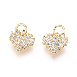 Golden Brass Charms, with Clear Cubic Zirconia and Jump Rings, Heart, Golden, 9.5x10x2mm, Hole: 3mm