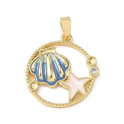 Стально-синий Плоская круглая подвеска в форме ракушки с микропаве из латуни с прозрачными кубическими цирконами, оправа для кабошонов, с эмалью, реальный 18 k позолоченный, стальной синий, лоток : 1.5 мм, 20.5x19x3 мм, отверстие : 3 мм