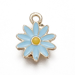 Azul Cielo Encantos del esmalte de la aleación, crisantemo, la luz de oro, luz azul cielo, 13x9x1 mm, agujero: 1.4 mm