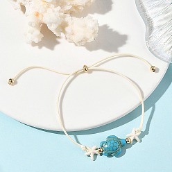 Bleu Ciel Foncé Bracelets pour femmes en cordon coulissant ajustable en polyester ciré, ornés de perles en turquoise synthétique teintée, représentant une tortue et une étoile de mer., or, bleu profond du ciel, 10.24 pouce (26 cm)