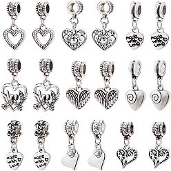 Античное Серебро 54 шт 9 стили европейские подвески из сплава в тибетском стиле, Подвески с большими отверстиями, сердце смешанной формы, античное серебро, 22~29.5 мм, Кулон : 12~23x10~16.5x1.5~7 мм, отверстие : 4.5~5 мм, около 6 шт. / стиль