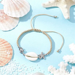 Желтая Старая Ткань  Плетеные браслеты из бисера из натуральной раковины каури для женщин, черепаха и морская звезда, с нейлоновой нитью и бусинами из сплава в тибетском стиле, старое кружево, внутренний диаметр: 2 дюйм(5см)~ 3-3/8 дюйм(8.7см)