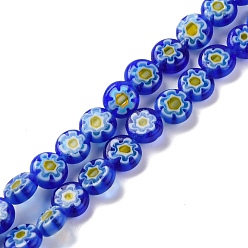 Средно-синий Handmade millefiori lampwork beads strands, плоско-круглые, светло-синий, 6x3 мм, отверстие : 0.7 мм, около 66 шт / нитка, 14.65'' (37.2 см)