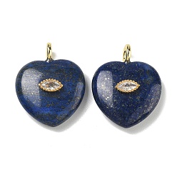 Lapis Lazuli Dyed Natural Lapis Lazuli Pendants, Heart Charms with Brass Micro Pave Clear Cubic Zirconia Findings, Golden, 31.5~32x25~25.5x9.5~10.5mm, Hole: 4mm