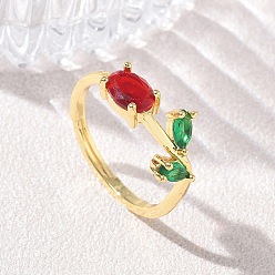 Colorido Anillos ajustables de latón y cristal con forma de flor, chapado en rack, larga duración plateado, sin plomo y el cadmio, real 18 k chapado en oro, colorido, 9.5 mm, tamaño de EE. UU. 7 1/4 (17.5 mm)