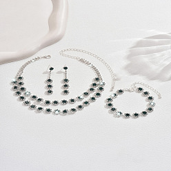 Изумруд Двухслойные цепочки из цветочного сплава со стразами, серьги-гвоздики и браслеты, серебряные, изумруд, 295 мм