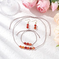 Полосатый Агат Комплект из круглых бусин из натурального полосатого агата/полосчатого агата, браслета и сережек-подвесок, с нейлоновой нитью и 304 крючками для сережек из нержавеющей стали, 1.57x0.31 дюйм (40x8 мм)