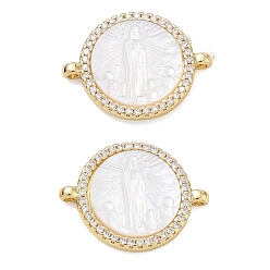 Chapado en Oro Real 18K Colgantes de conector de zirconia cúbica transparente micro pavé de latón chapado en rack, Redonda plana con eslabones de la Virgen María, con cáscara blanca natural, sin plomo y cadmio, real 18 k chapado en oro, 15x20x3 mm, agujero: 1 mm