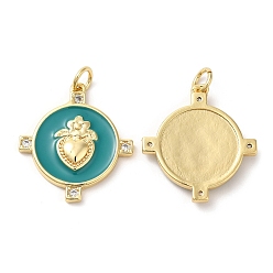 чирок Латунные микро проложить кубического циркония подвески, с прыгающим кольцом и эмалью, реальный 18 k позолоченный, без свинца и без кадмия, плоско-круглые, зелено-синие, 21.5x20x3 мм, отверстие : 3 мм