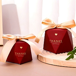 Dark Red Folding Cardboard Candy Boxes, Wedding Gift Wrapping Box, with Ribbon, Polygon, Dark Red, 8x8x6cm