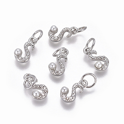 Letter S Латунь прелести, с фианитами и оболочки жемчужиной шарик, буквы, платина, прозрачные, letter.s, 9.5~11x3.5~10.8x3~3.5 мм, отверстие : 3.5 мм