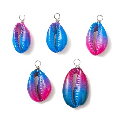 Платина Подвески из натуральных ракушек каури, окрашенных распылением, насыщенного небесно-голубого цвета, с экологически чистыми круглыми медными проволочными петлями, платина, 26~31.5x13~17.5x7~8 мм, отверстие : 3.5 мм