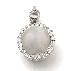 Платина Латунные микро проложить кубического циркония подвески, с кошачий глаз, плоские круглые прелести, платина, 18.5x12x7.5 мм, отверстие : 2 мм