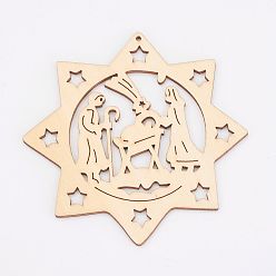 Античный Белый Неокрашенный деревянный кулон, восемь звезда, Для рождественской темы, старинный белый, 99.5x3 мм, отверстие : 2 мм