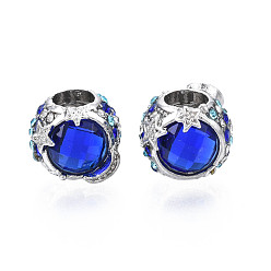 Средно-синий Стойки покрытие сплава европейские шарики, бусины с большим отверстием, с сапфировыми стразами и смолой, без кадмия, без никеля и без свинца, рондель, платина, светло-синий, 11x10x10 мм, отверстие : 5 мм