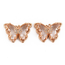 Прозрачный Стеклянные подвески, с латунным микро проложить кубического циркония, граненые, бабочка, золотой свет, прозрачные, 15x21x6 мм, отверстие : 1.2 мм