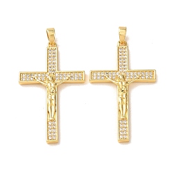 Real 18K Gold Plated Easter Brass Micro Pave Clear Cubic Zirconia Pendants, Crucifix Charms, Real 18K Gold Plated, 36.5x22x3mm, Hole: 4x2mm