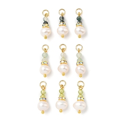 Green 3Pcs 3 Styles Faceted Natural Peridot & Moss Agate & Natural Green Aventurine and Potato Pearl Pandants, Round Beaded Charms, Golden, Green, 16~17.5x6~6.5x5~6mm, Hole: 2.5mm, about 1Pc/style