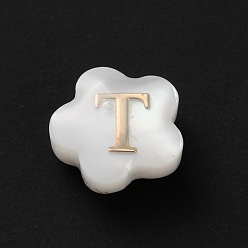 Letter T Натуральные белые ракушки, золотые эмалевые бусины с буквами, Письмо T, 8x4.5 мм, отверстие : 0.8 мм