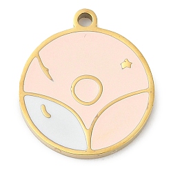 Розовый 304 подвески из нержавеющей стали, с эмалью, плоский круглый шарм, золотые, туманная роза, 17x15x1.7 мм, отверстие : 1.4 мм